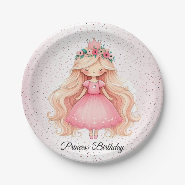 Assiettes En Carton Aquarelle rose princesse Baby shower soirée mignon (Devant)