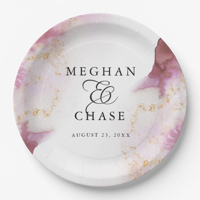 Assiettes En Carton Aquarelle Rose Quartz Gold Geode BarefootBride™ (Devant)