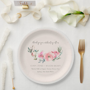 Assiettes En Carton Aquarelle rose rose pâle Mariage floral