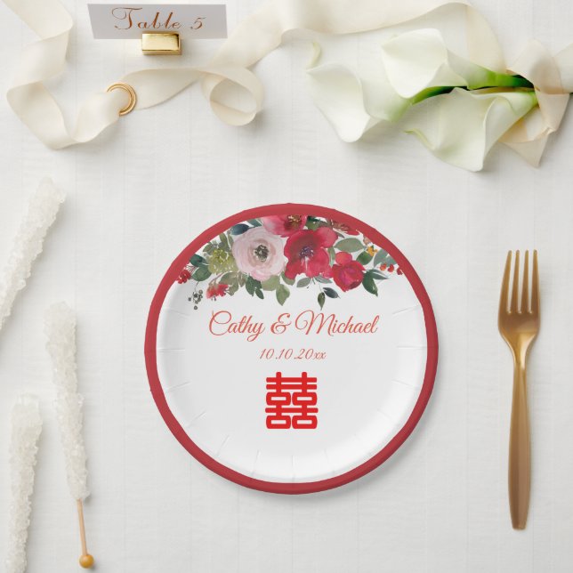 Assiettes En Carton Aquarelle rose rouge floral moderne mariage chinoi (Mariage)