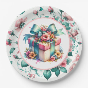 Assiettes En Carton Aquarelle rose Shabby Chic Floral Anniversaire