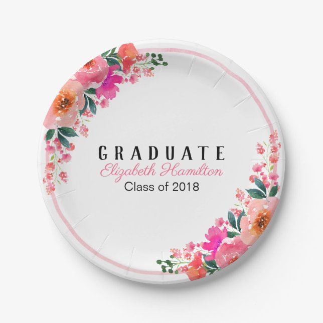 Assiettes En Carton Aquarelle rose vif Fête de graduation florale (Devant)