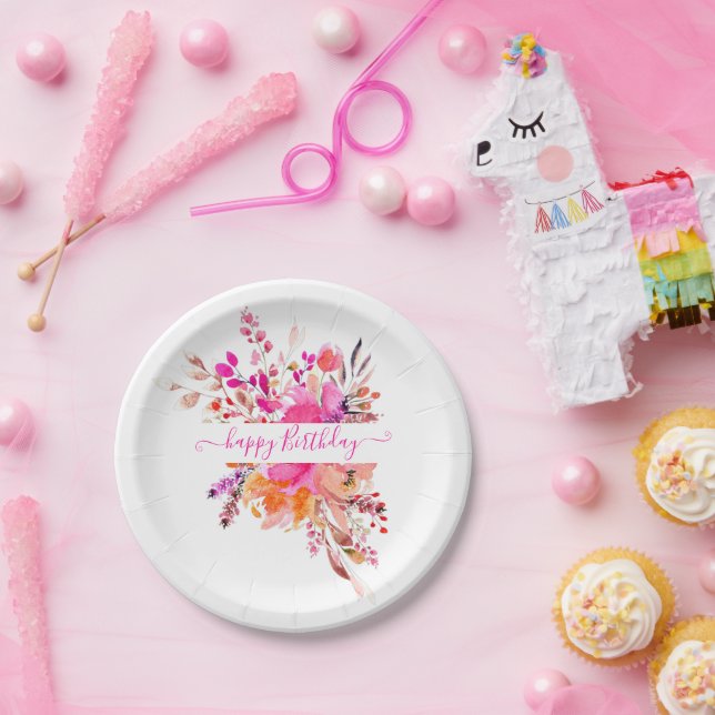 Assiettes En Carton Aquarelle rose vif floral personnalisé (Fête)