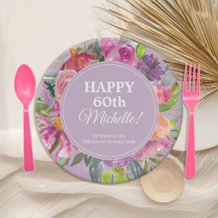 Assiettes En Carton Aquarelle rose violet Fleur sauvage 60e anniversai