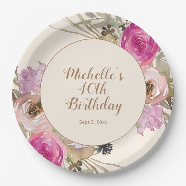 Assiettes En Carton Aquarelle rose violet Floral 40e anniversaire (Devant)