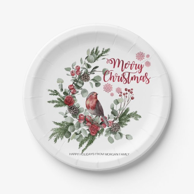 Assiettes En Carton Aquarelle Rouge Cardinal Bird Wreath (Devant)