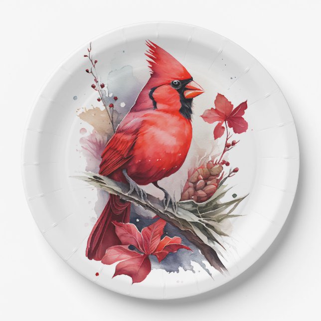 Assiettes En Carton Aquarelle rouge Cardinal d'hiver (Devant)