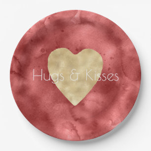 Assiettes En Carton Aquarelle rouge Coeur or