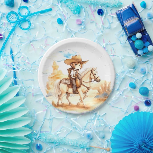 Assiettes En Carton Aquarelle rustique Baby shower Western Cowboy (Fête)