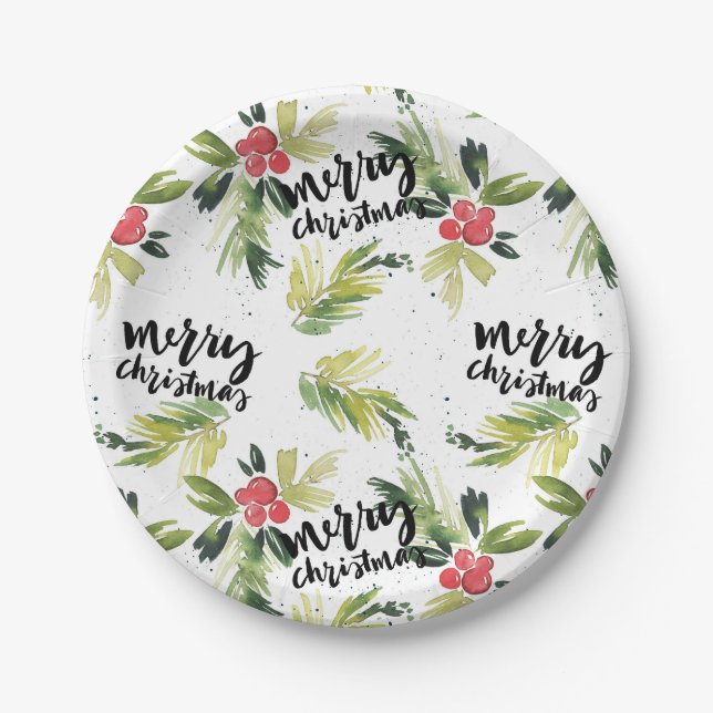 Assiettes En Carton Aquarelle rustique Holly Motif Joyeux Noël (Devant)
