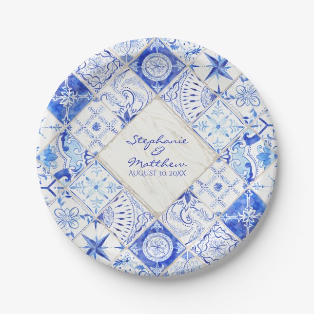 Assiettes En Carton Aquarelle rustique Pays Bleu Carrelage Blanc Diama (Devant)