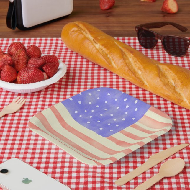 Assiettes En Carton Aquarelle rustique USA drapeau américain (Pique-nique)