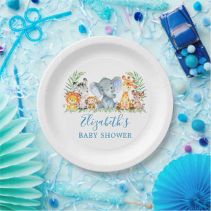 Assiettes En Carton Aquarelle Safari Animaux Baby shower Bleu