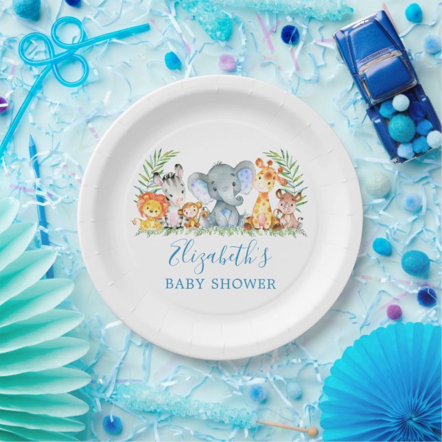 Assiettes En Carton Aquarelle Safari Animaux Baby shower Bleu (Fête)
