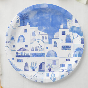 Assiettes En Carton Aquarelle Santorin Grèce