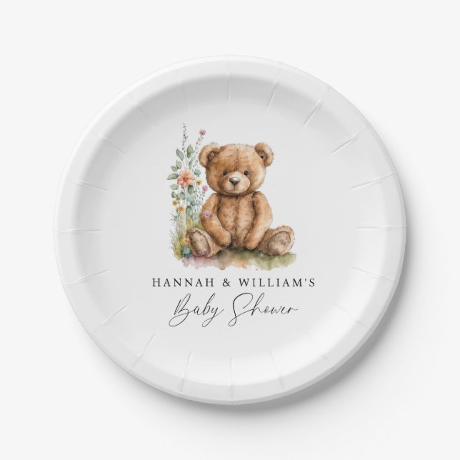 Assiettes En Carton Aquarelle simple Baby shower d'ours en peluche (Devant)