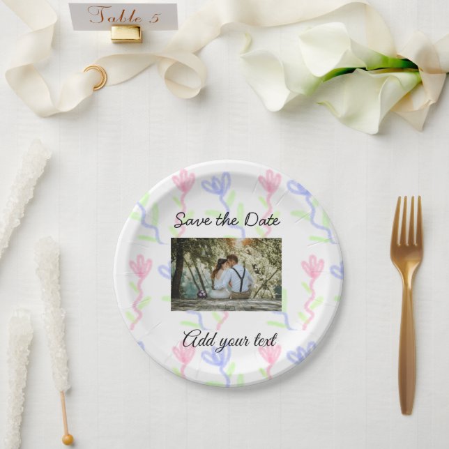 Assiettes En Carton Aquarelle simple Fleur rose bleu enregistrer la da (Mariage)