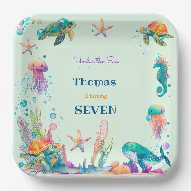 Assiettes En Carton Aquarelle sous l'anniversaire de enfant marin (Recto)