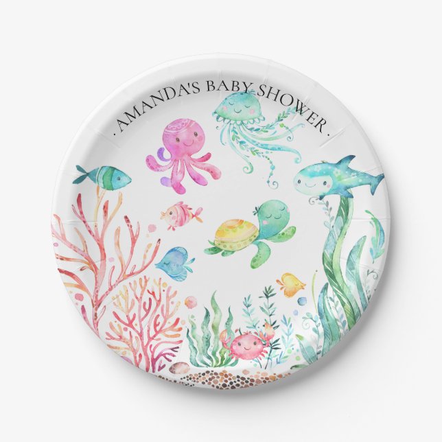 Assiettes En Carton Aquarelle sous le Baby shower de mer Plaque 7" (Devant)
