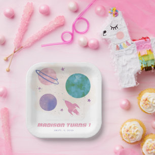 Assiettes En Carton Aquarelle spatiale de la fille Planète 1er anniver