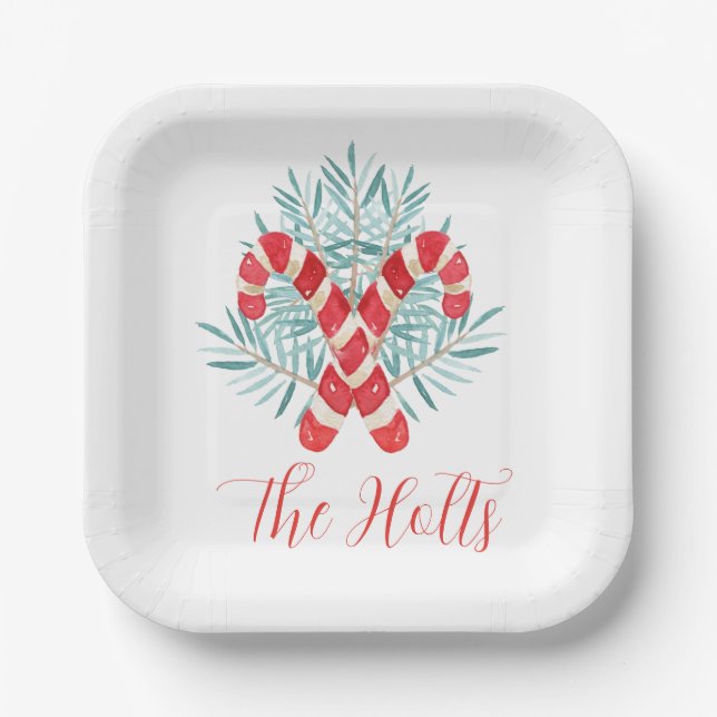 Assiettes En Carton Aquarelle Sucre de canne de Noël Personnalisé (Recto)