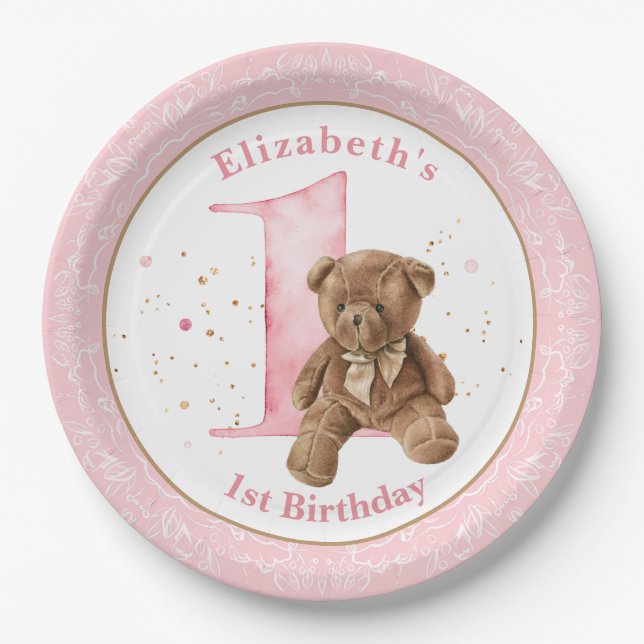 Assiettes En Carton Aquarelle Teddy Bear 1er Anniversaire Plaque papie (Devant)