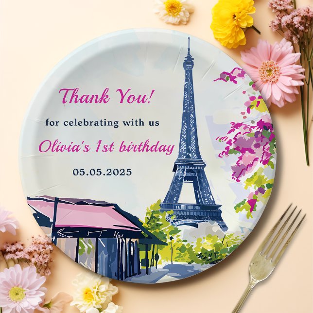 Assiettes En Carton Aquarelle Tour Eiffel Paris 1er anniversaire (Créateur téléchargé)