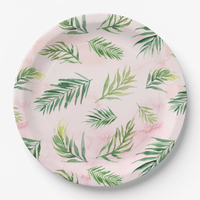 Assiettes En Carton Aquarelle Tropical Feuille Luau Plaques Papier (Devant)
