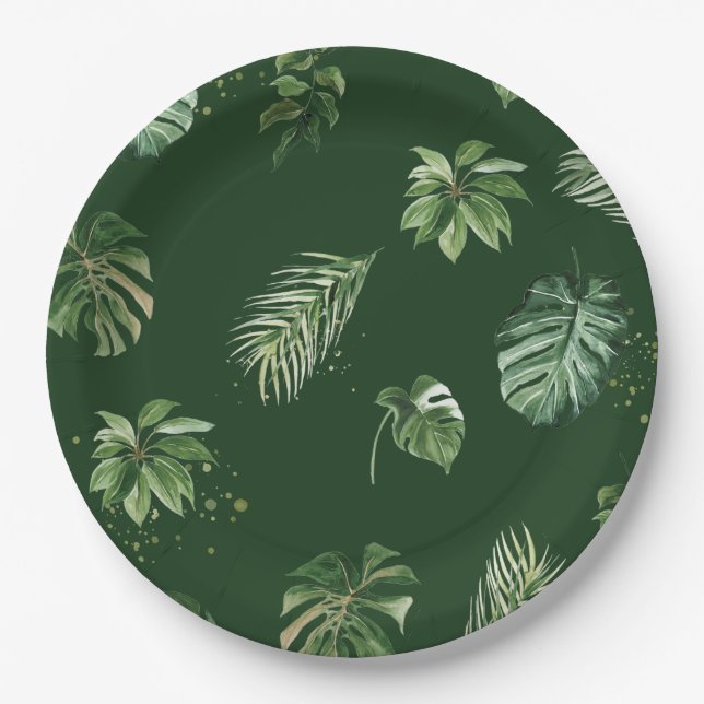 Assiettes En Carton Aquarelle Tropical Green Foliage Feuille (Devant)