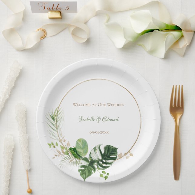 Assiettes En Carton Aquarelle Tropical Vert & Or Feuilles Palm (Mariage)