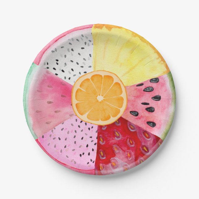 Assiettes En Carton Aquarelle tropicale estivale Fruit Tutti Fruitti (Devant)