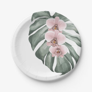 Assiettes En Carton Aquarelle tropicale exotique Orchidées roses