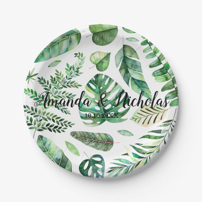 Assiettes En Carton Aquarelle tropicale feuille Mariage vert (Devant)