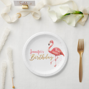Assiettes En Carton Aquarelle tropicale Flamant rose Or Anniversaire  