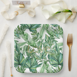 Assiettes En Carton Aquarelle tropicale Vert Feuille Gold Love (mince)