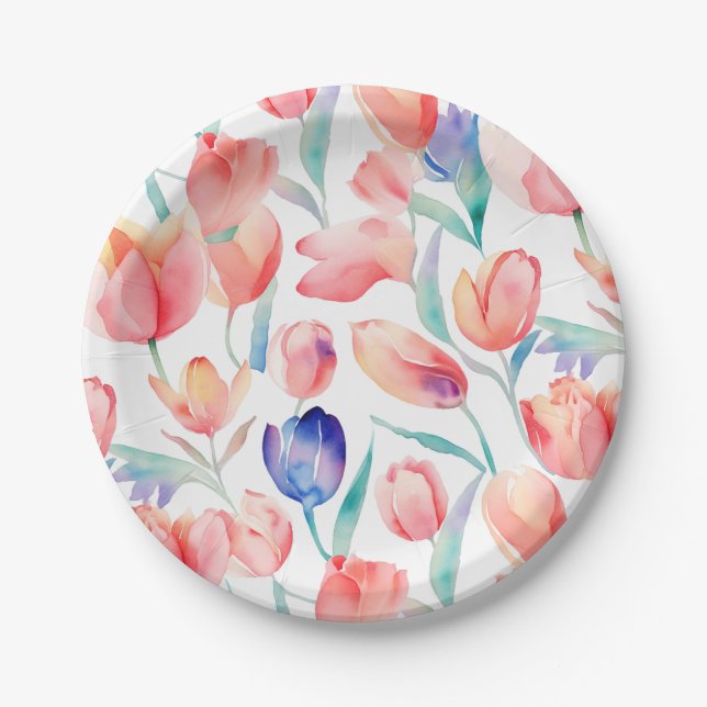 Assiettes En Carton Aquarelle Tulipes Motif Plaques de papier (Devant)