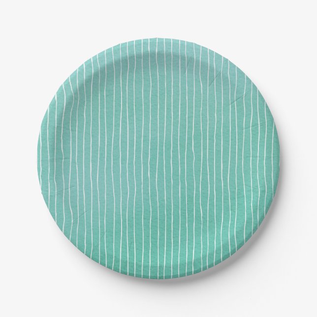 Assiettes En Carton Aquarelle turquoise bleue verte avec rayures blanc (Devant)