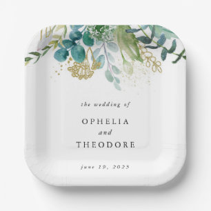 Assiettes En Carton Aquarelle turquoise Mariage botanique Monogramme