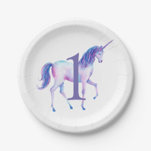 Assiettes En Carton Aquarelle Unicorn Personnalisée Premier anniversai