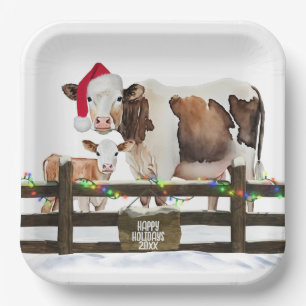 Assiettes En Carton Aquarelle Vaches de Noël avec chapeau de Père Noël