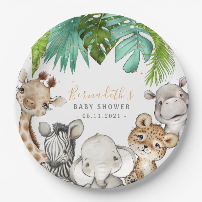 Assiettes En Carton Aquarelle Verdure Safari Animaux Baby shower (Devant)