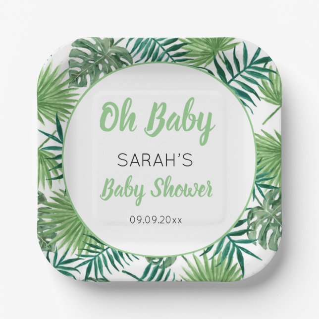 Assiettes En Carton Aquarelle verte Baby shower de feuilles tropicales (Recto)