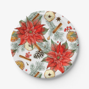 Assiettes En Carton Aquarelle vintage Joyeux Noël Rouge Poinsettia