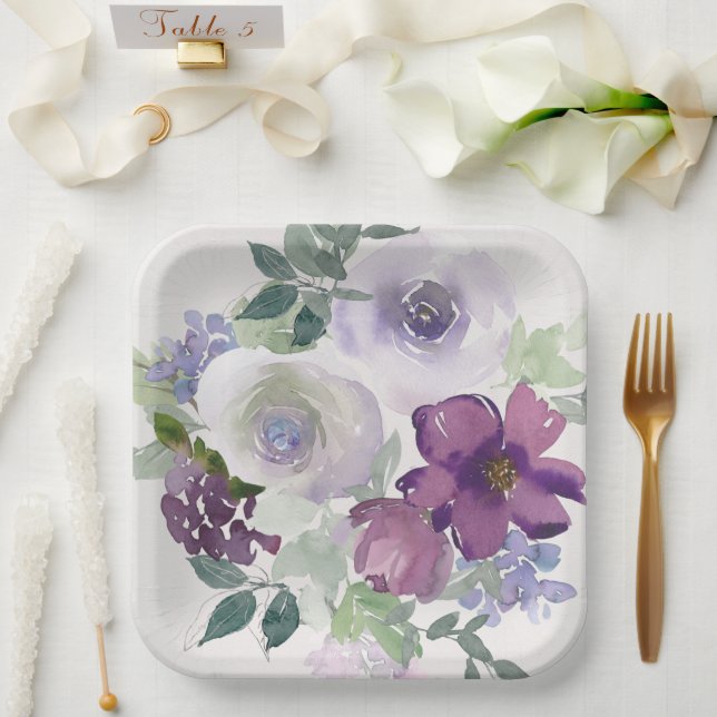 Assiettes En Carton Aquarelle violet et fleurs lavande (Mariage)