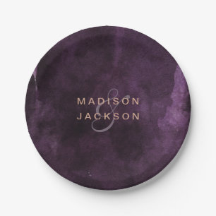 Assiettes En Carton Aquarelle violet foncé Rose or Mariage Monogramme