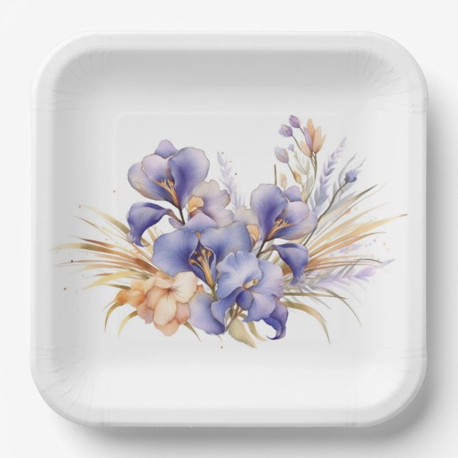 Assiettes En Carton Aquarelle violet Iris Bouquet (Recto)