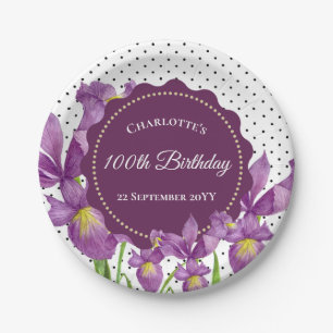 Assiettes En Carton Aquarelle violet Iris Pois botaniques