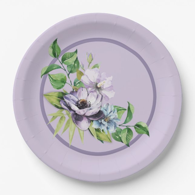 Assiettes En Carton Aquarelle violette du coquelicot (Devant)