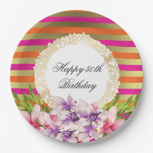 Assiettes En Carton Aquarelle violette et rose Magnolia Anniversaire