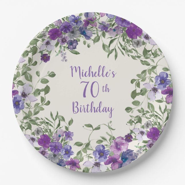 Assiettes En Carton Aquarelle violette Floral 70e anniversaire (Devant)